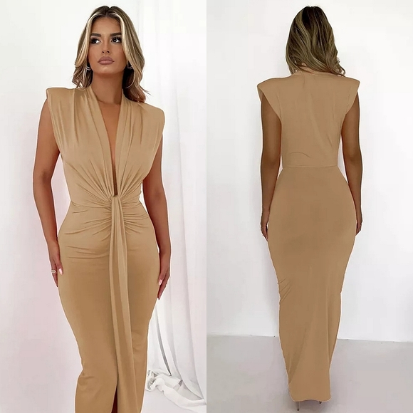 Flygirlclozet Dresses & Skirts - ☆Apricot Beige Deep V-Neck Pleated Womens Bandage Dress☆